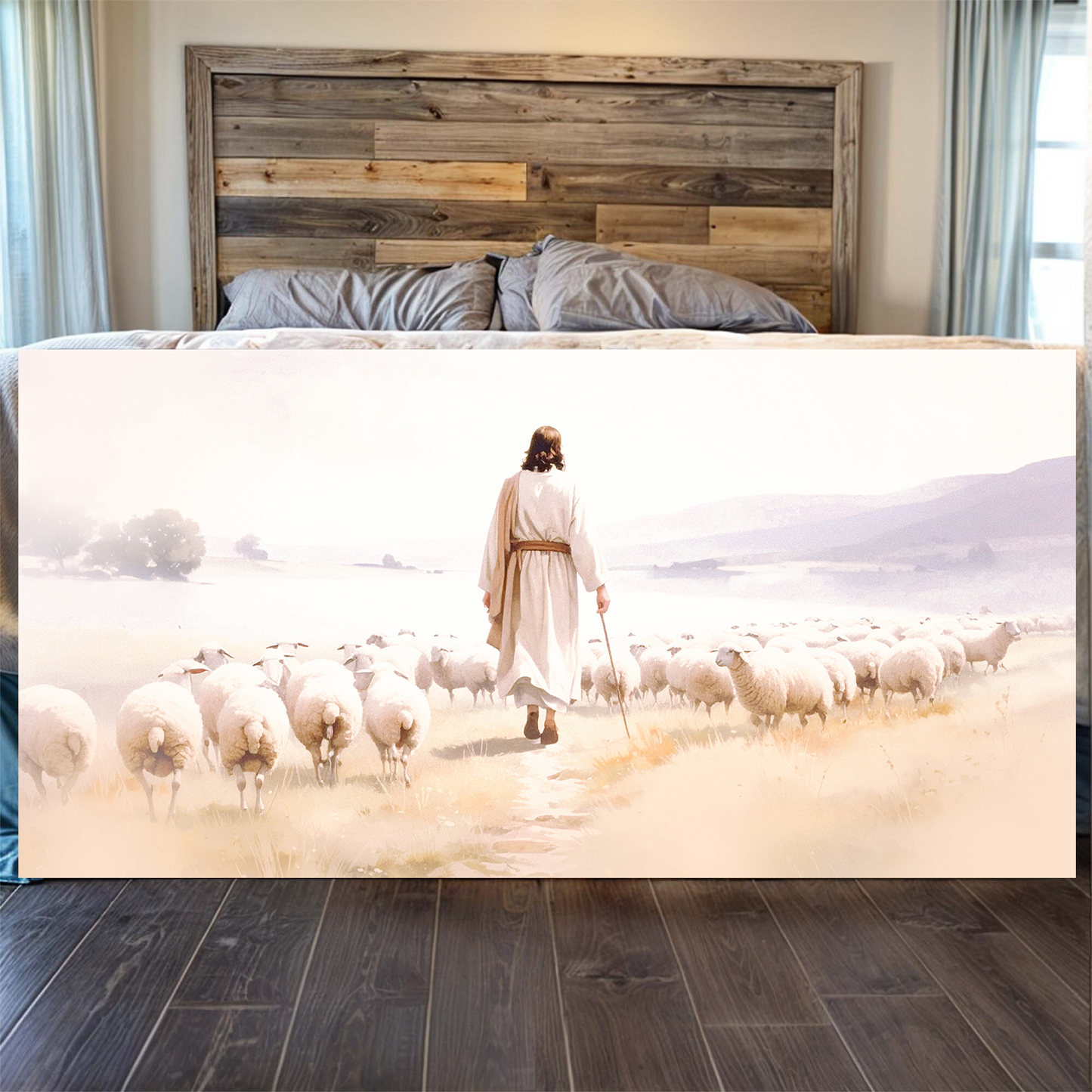 99 Faith Wall Art XI canvas by Tailored Canvases; shepherd with flock in a misty landscape on Tampa Home & Garden Store