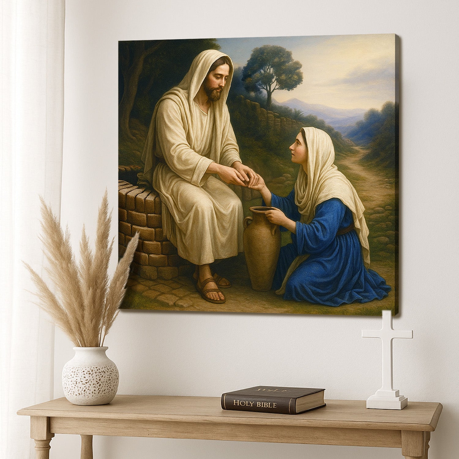 Canvas wall art Samaritan at the Well by Tailored Canvases in beige robes with a clay jar on Tampa Home & Garden Store
