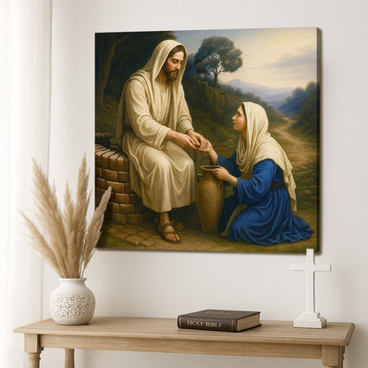 Canvas wall art Samaritan at the Well by Tailored Canvases in beige robes with a clay jar on Tampa Home & Garden Store
