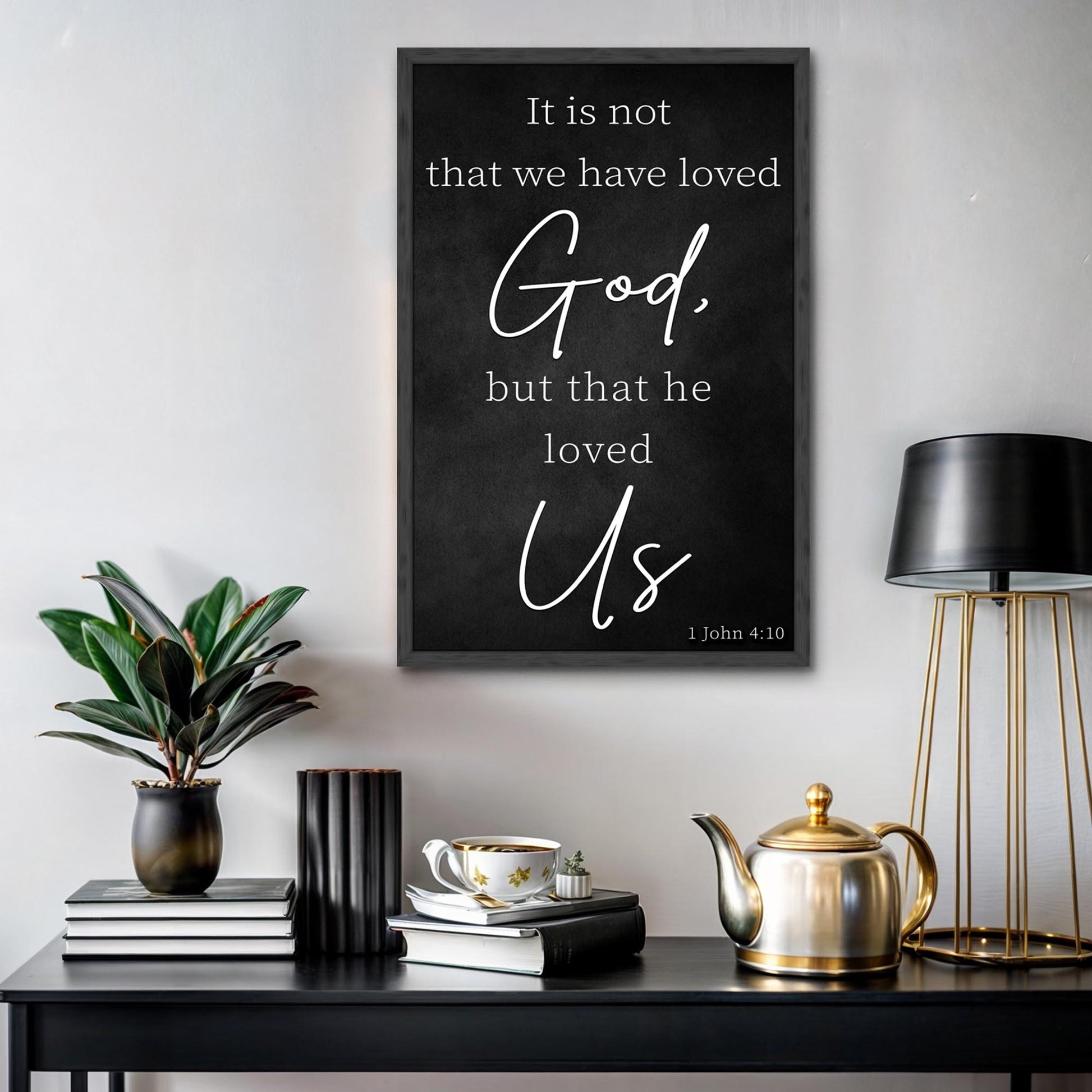 1 John 4:10 Faith Sign V canvas, black framed vertical with white script Tailored Canvases on Tampa Home & Garden Store