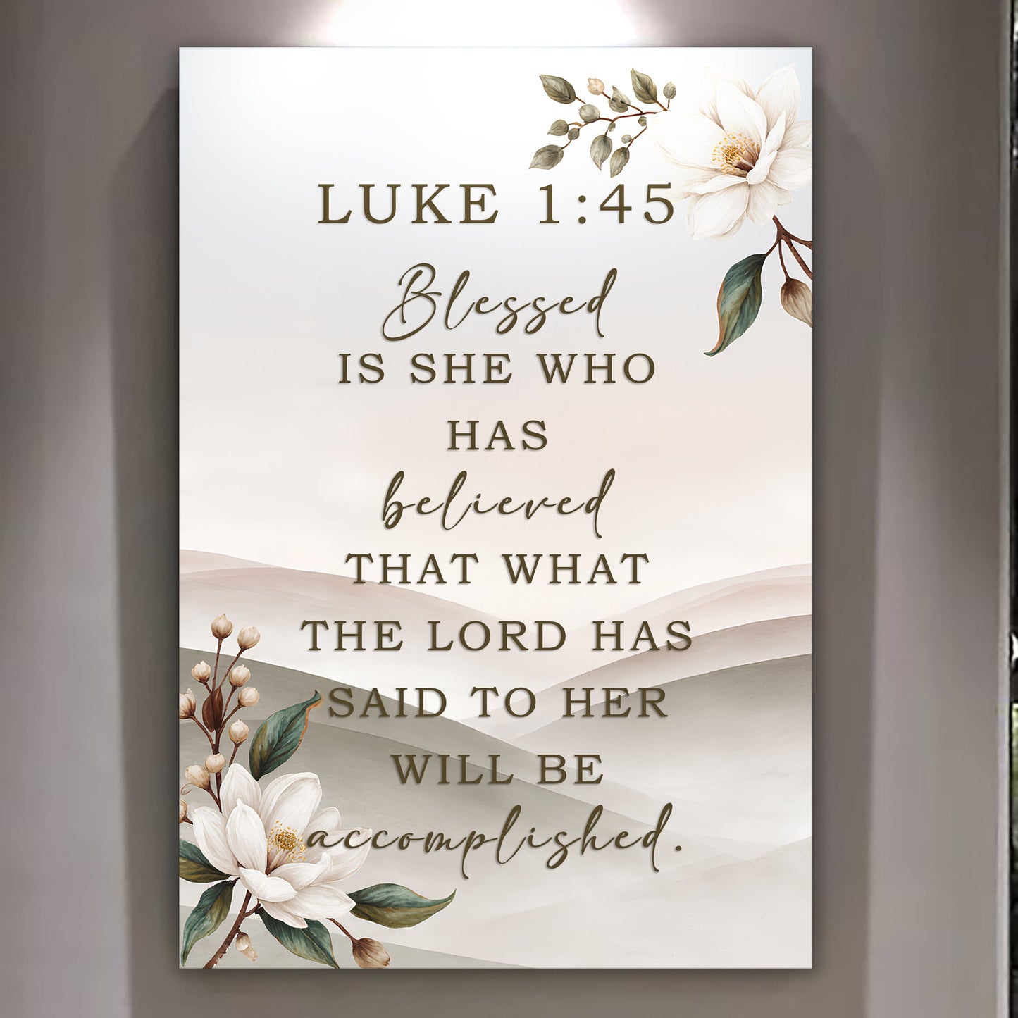 Canvas Blessed Is She Who Believed Luke 1:45 wall art by Tailored Canvases, ivory floral crafting on Tampa Home & Garden Store