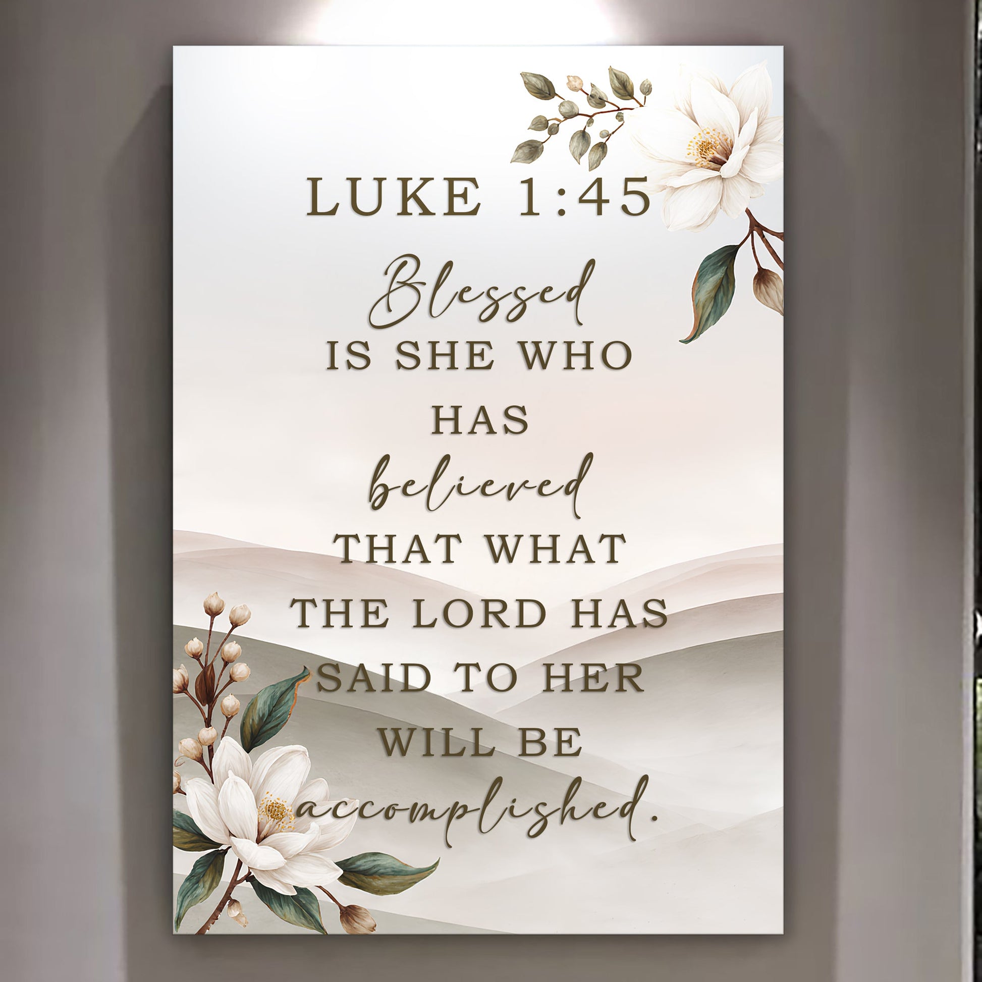 Canvas Blessed Is She Who Believed Luke 1:45 wall art by Tailored Canvases, ivory floral crafting on Tampa Home & Garden Store