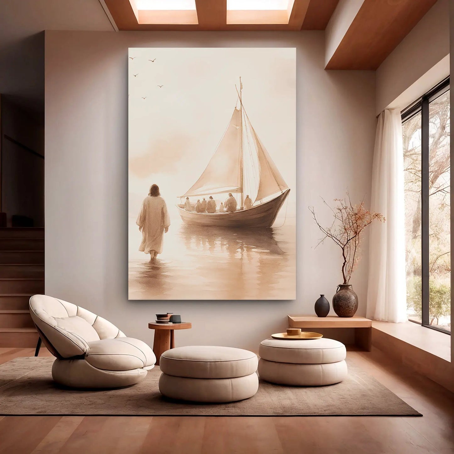 Jesus Christ Walking On Water Faith Wall Art VIII canvas, sepia sailing scene on Tampa Home & Garden Store