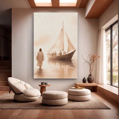 Jesus Christ Walking On Water Faith Wall Art VIII canvas, sepia sailing scene on Tampa Home & Garden Store