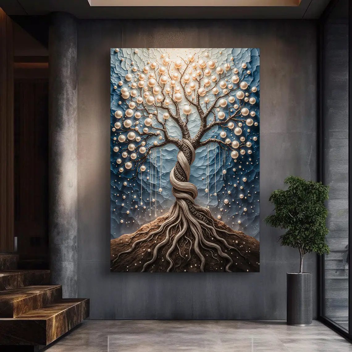 The Pearl Tree Wall Art canvas Tailored Canvases, blue tree with pearl orbs and twisting roots on Tampa Home & Garden Store