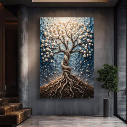 The Pearl Tree Wall Art canvas Tailored Canvases, blue tree with pearl orbs and twisting roots on Tampa Home & Garden Store