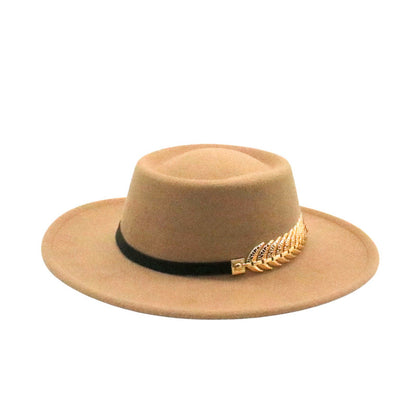 Stevvex tan fedora hat with black ribbon and gold laurel leaf pin, vintage unisex style on Tampa Home & Garden Store