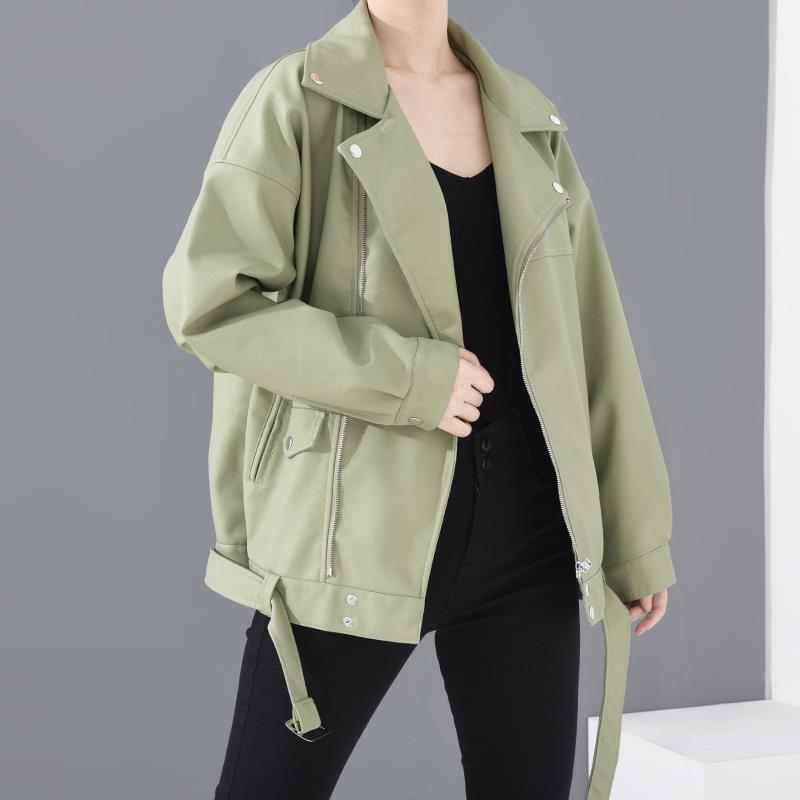 PU faux leather bomber jacket for women by Stevvex, olive green with belt and metal hardware on Tampa Home & Garden Store