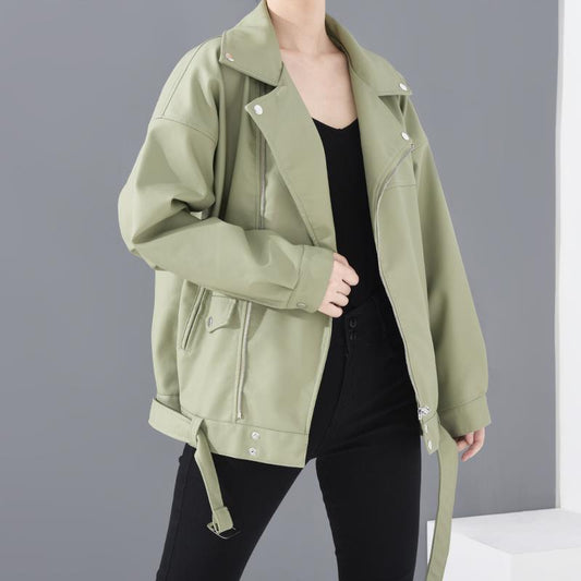 PU faux leather bomber jacket for women by Stevvex, olive green with belt and metal hardware on Tampa Home & Garden Store