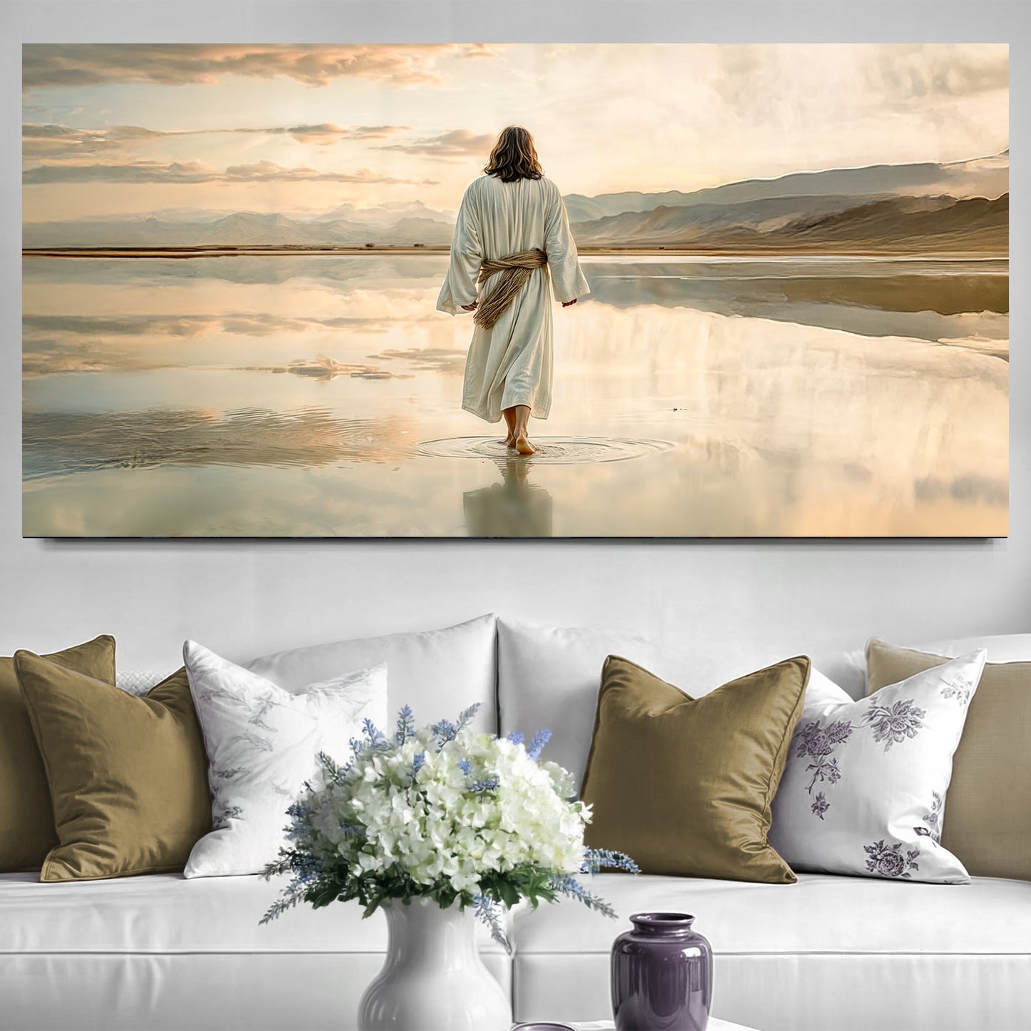 Reflections Faith IX canvas Tailored Canvases; back view of a white robe walking on water on Tampa Home & Garden Store