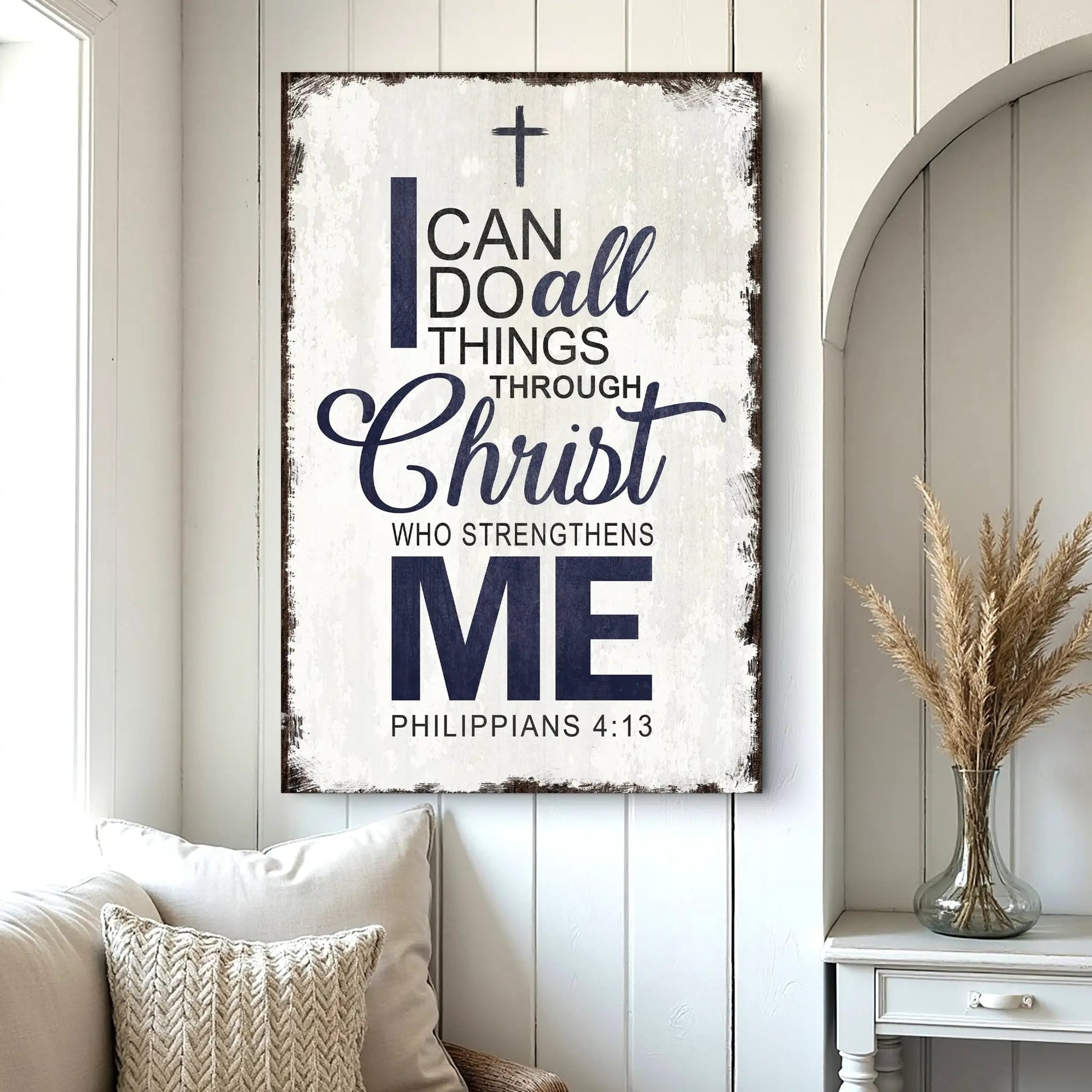 Canvas faith sign with Philippians 4:13 navy text and distressed white finish in dark frame on Tampa Home & Garden Store