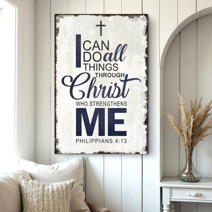 Canvas faith sign with Philippians 4:13 navy text and distressed white finish in dark frame on Tampa Home & Garden Store