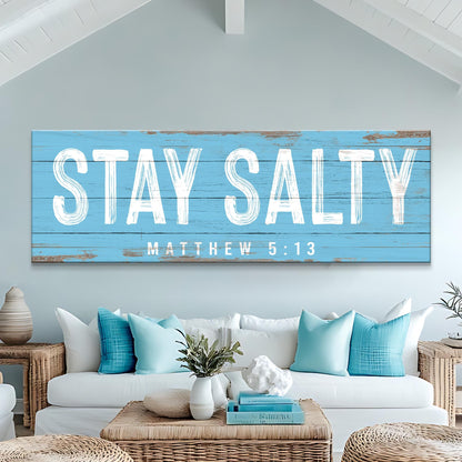 Stay Salty Coastal Sign IV canvas by Tailored Canvases, blue wood with white letters on Tampa Home & Garden Store
