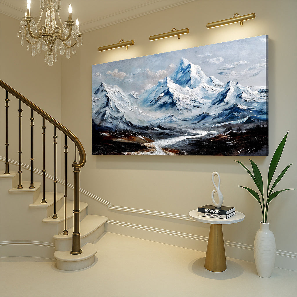 Mountain Minimalist Wall Art II canvas with blue snow capped peaks for a modern foyer on Tampa Home & Garden Store