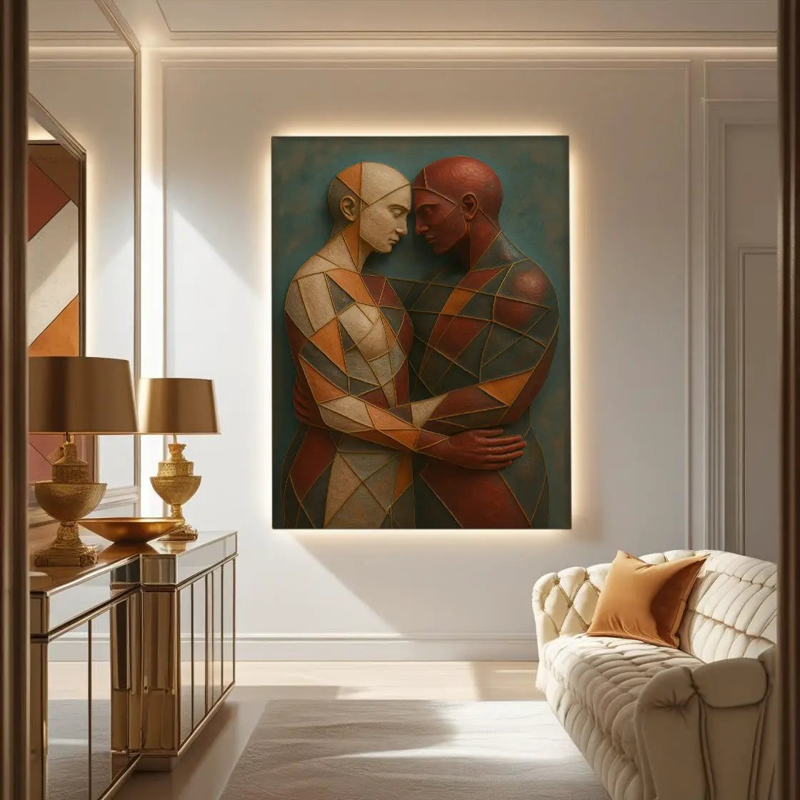Embrace of Geometry Abstract Wall Art III canvas two embracing figures orange teal on Tampa Home & Garden Store
