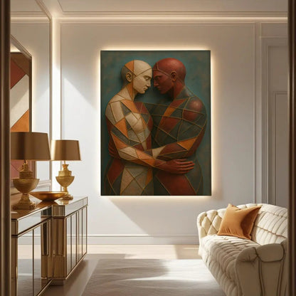 Embrace of Geometry Abstract Wall Art III canvas two embracing figures orange teal on Tampa Home & Garden Store