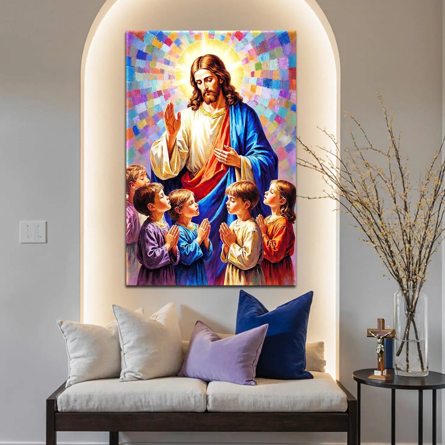 Jesus Praying With Kids Faith Wall Art canvas, haloed Jesus with children Tailored Canvases on Tampa Home & Garden Store