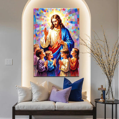 Jesus Praying With Kids Faith Wall Art canvas, haloed Jesus with children Tailored Canvases on Tampa Home & Garden Store