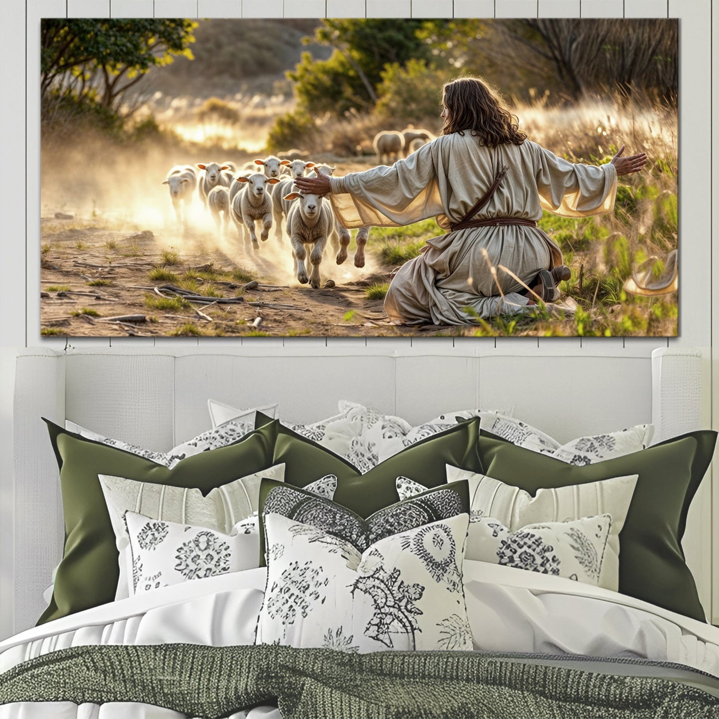 Canvas Jesus Protects The Lamb From Wolves Faith VIII Tailored Canvases beige-robed figure with sheep on Tampa Home & Garden Store