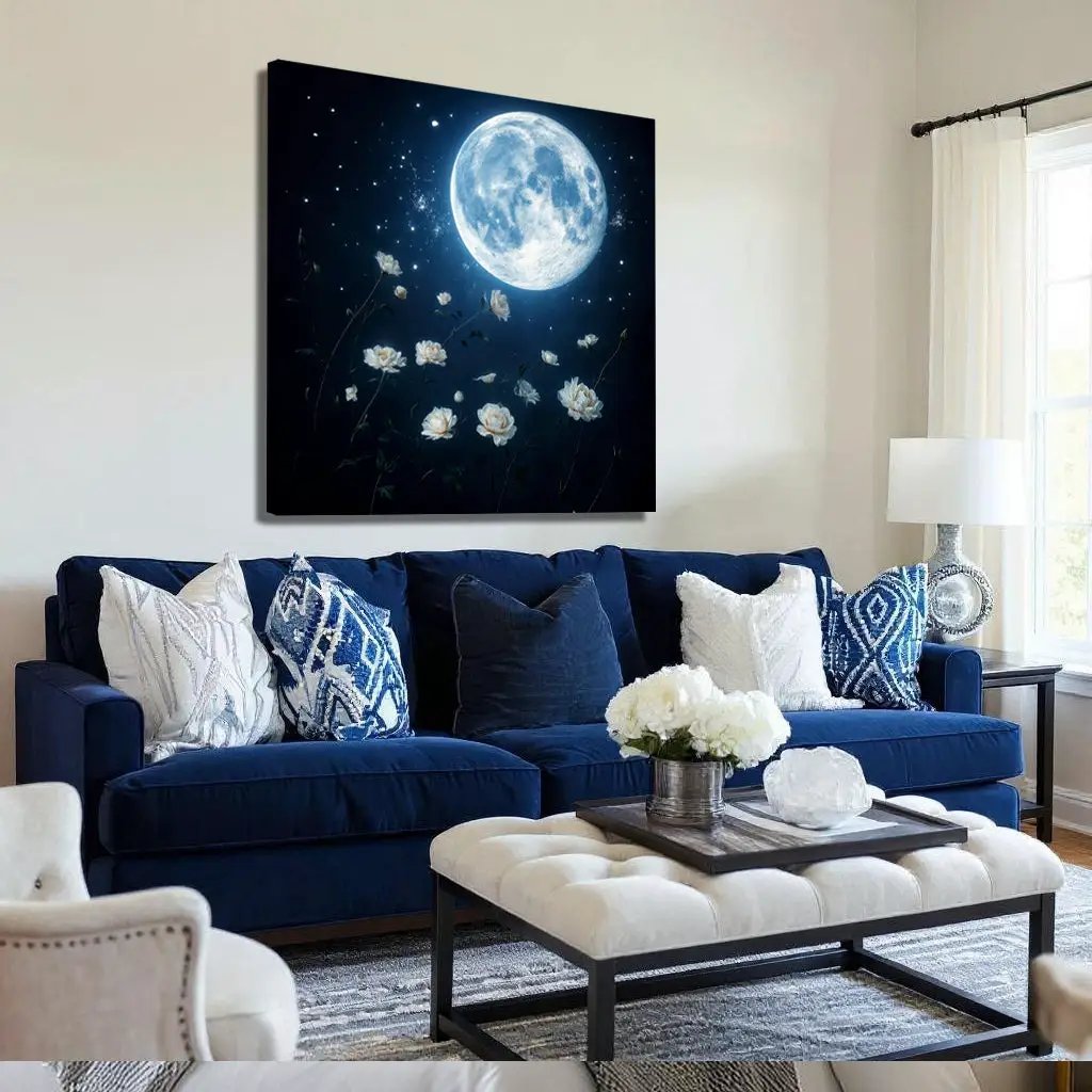 Lunar Canvas Wall Art blue moonlit night sky with white roses by Tailored Canvases on Tampa Home & Garden Store