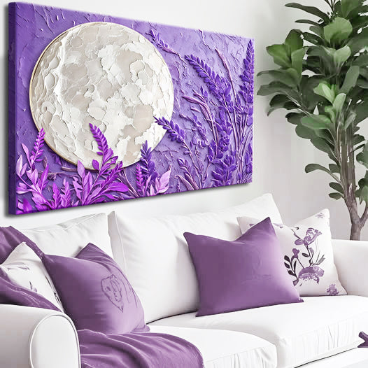 3D Lavander Moon Wall Art canvas Tailored Canvases with purple lavender and textured moon on Tampa Home & Garden Store