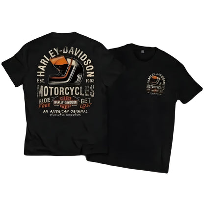 Black unisex cotton T-shirt with retro Harley‑Davidson graphic and front logo, BikerZoneZ on Tampa Home & Garden Store