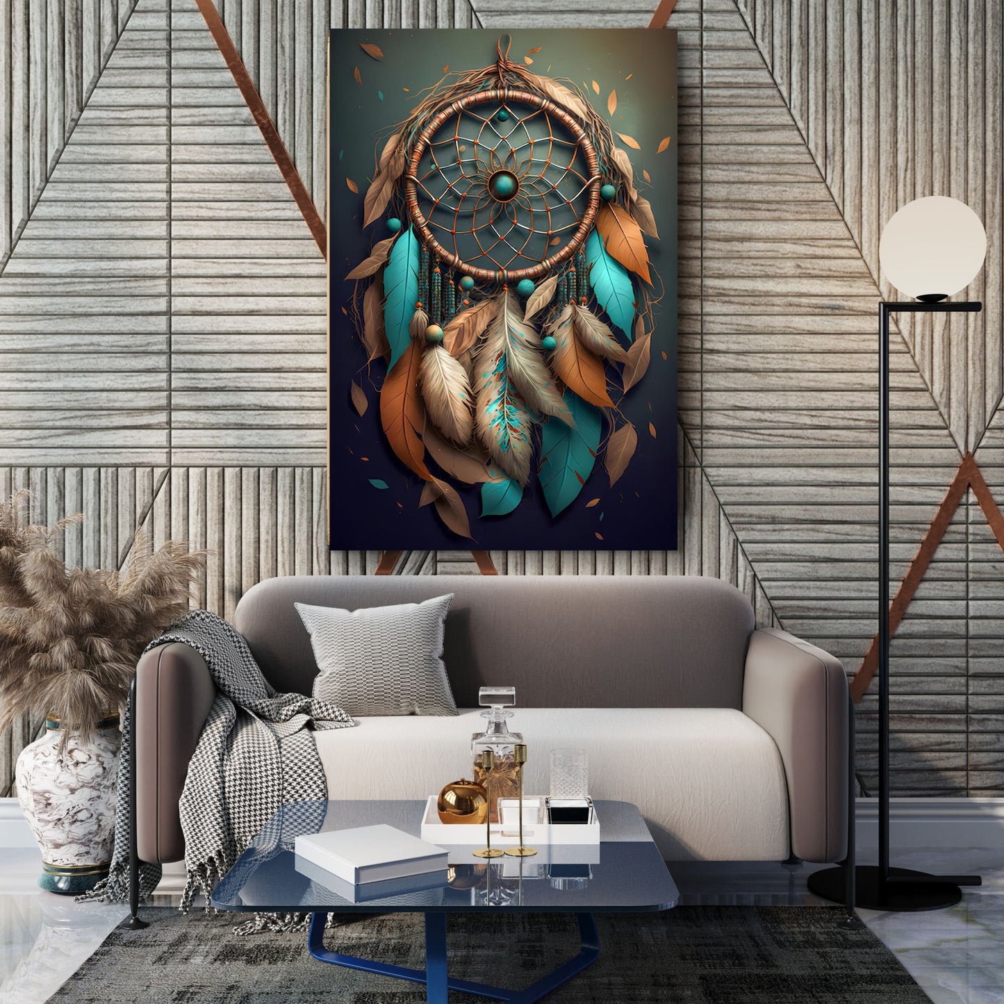 3D Whispering Feathers Wall Art canvas by Tailored Canvases with copper ring and teal feathers on Tampa Home & Garden Store