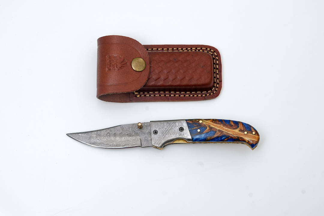 Damascus folding pocket knife with blue resin & burl wood handle, locking blade Titan Int'l K on Tampa Home & Garden Store