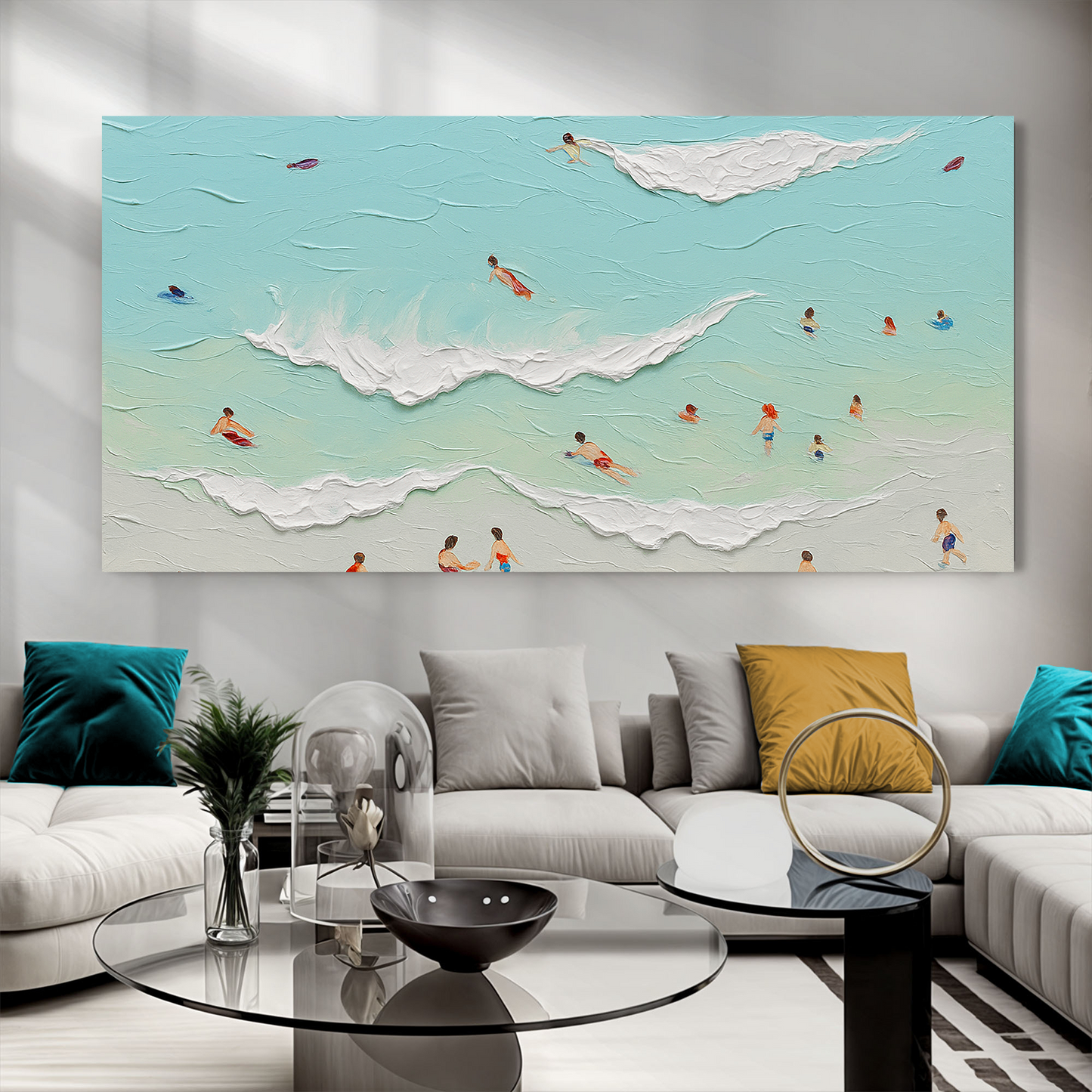 Beach Days Wall Art X canvas by Tailored Canvases in teal sea tones with surfers on canvas on Tampa Home & Garden Store