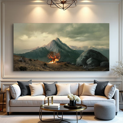 Burning Bush Faith Wall Art IV canvas by Tailored Canvases, fiery bush with mountain landscape on Tampa Home & Garden Store