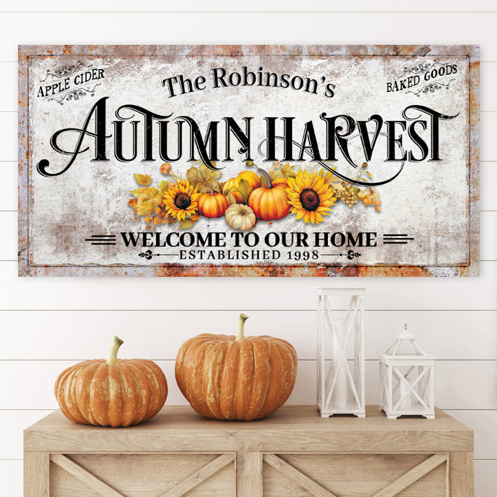 Family Autumn Harvest Sign II canvas wall art with pumpkins Tailored Canvases on Tampa Home & Garden Store