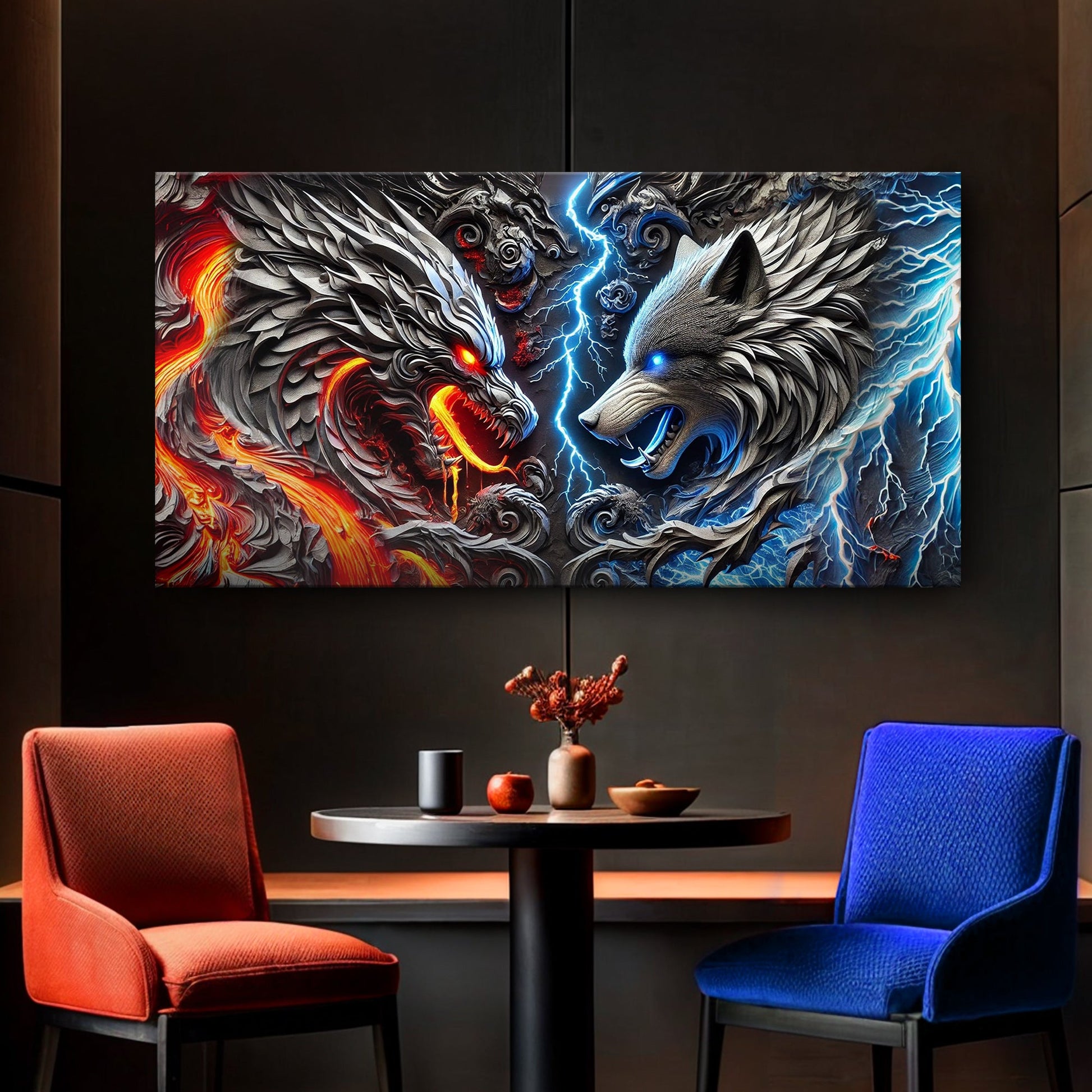 Canvas 3D Dragon and Wolf Wall Art IV by Tailored Canvases with red dragon and icy blue wolf on Tampa Home & Garden Store
