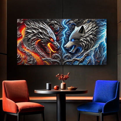 Canvas 3D Dragon and Wolf Wall Art IV by Tailored Canvases with red dragon and icy blue wolf on Tampa Home & Garden Store
