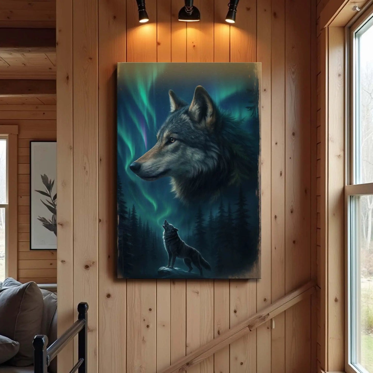 Wolf Double Exposure IV canvas by Tailored Canvases with a howling wolf under aurora on Tampa Home & Garden Store