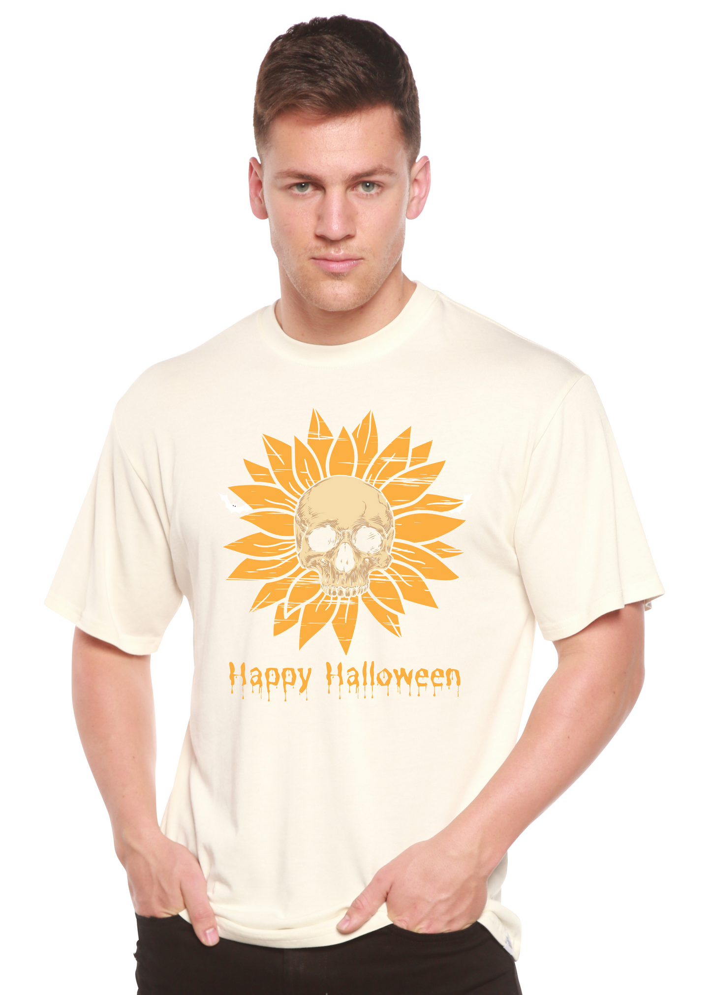 Men's bamboo cotton graphic tee in cream with orange skull sun Halloween art Spun Bamboo on Tampa Home & Garden Store
