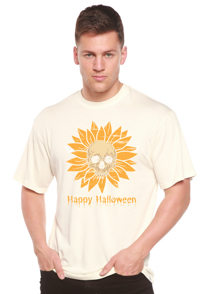 Men's bamboo cotton graphic tee in cream with orange skull sun Halloween art Spun Bamboo on Tampa Home & Garden Store