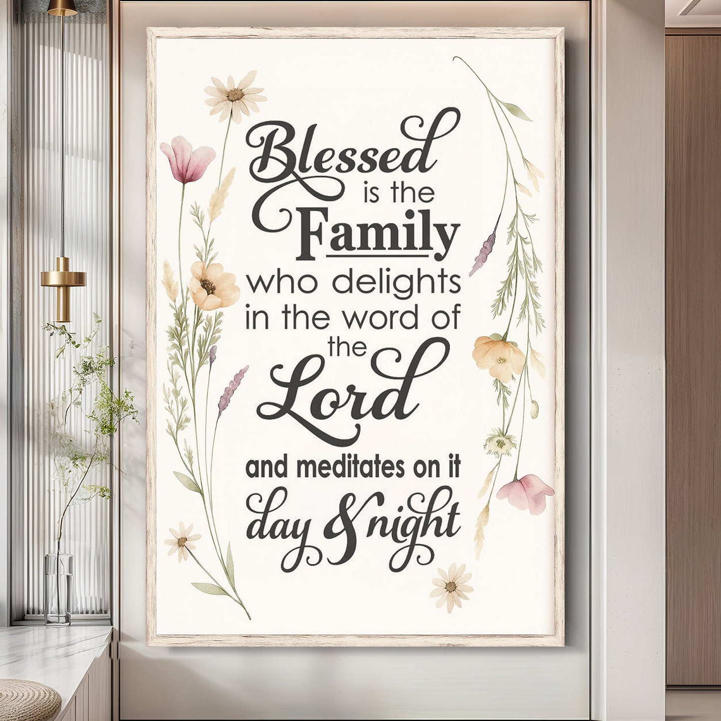 Blessed Is The Family Faith Sign canvas framed with a soft floral border on Tampa Home & Garden Store