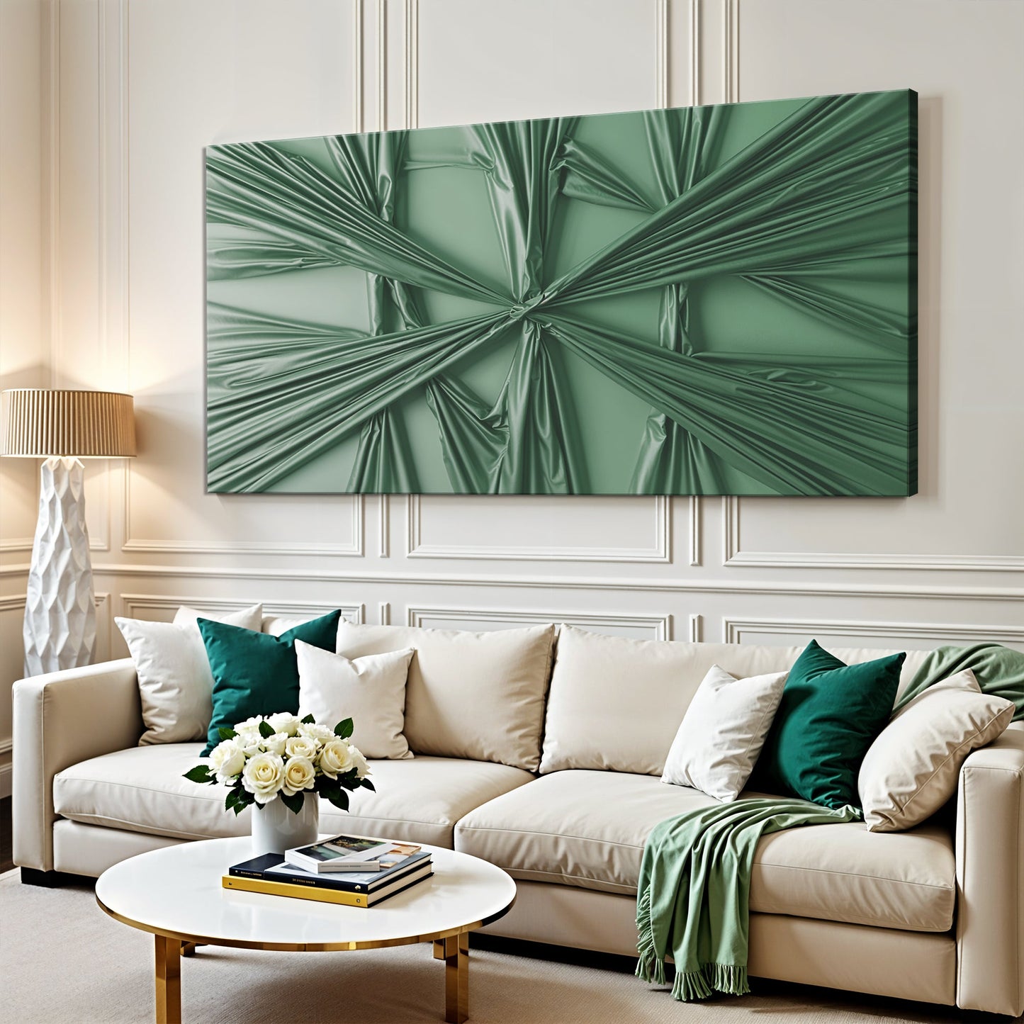 Modern Abstract Minimalist Wall Art VI canvas in rich green with glossy drapery folds on Tampa Home & Garden Store