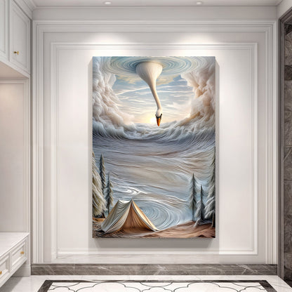 Canvas Surrealism Painting by Tailored Canvases, swirling blue clouds with a swan on wall on Tampa Home & Garden Store