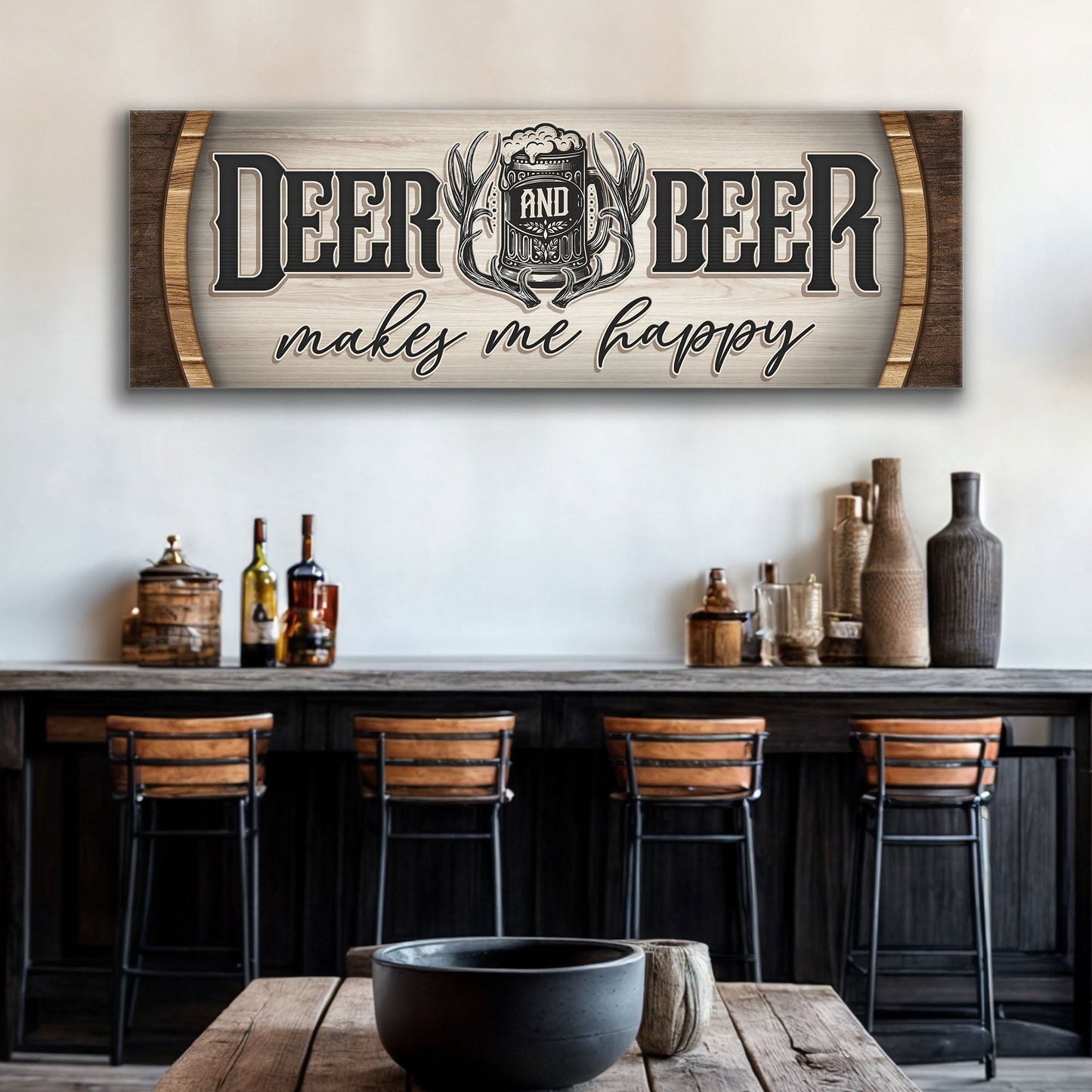 Deer And Beer Make Me Happy canvas sign by Tailored Canvases, rustic wood backdrop on Tampa Home & Garden Store