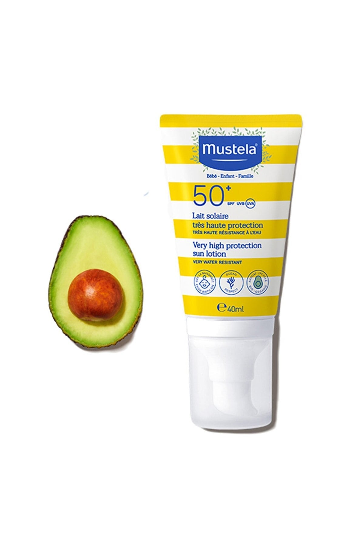 Mustela SPF50 sunscreen 40 ml in yellow striped tube with blue logo beside avocado on Tampa Home & Garden Store