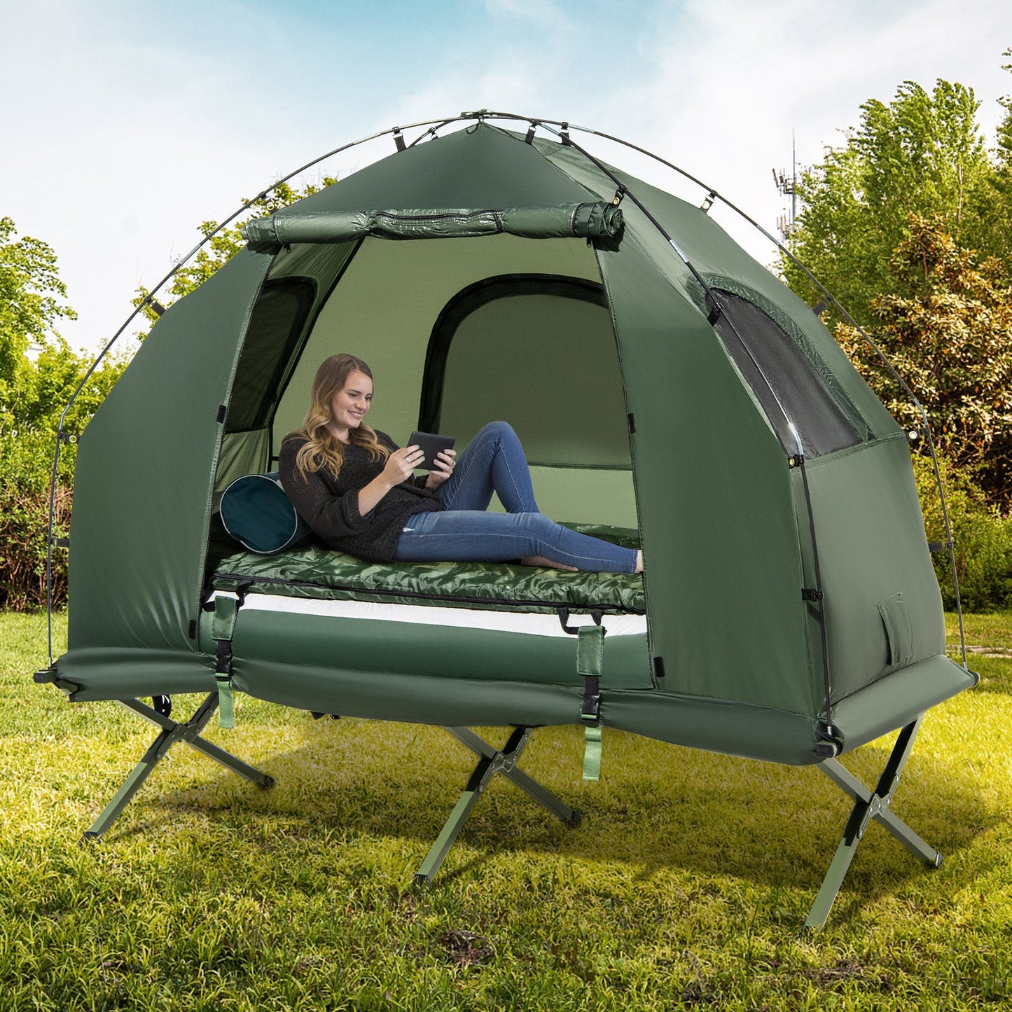 GemGear 1-Person Folding Camping Tent with Sunshade and Air Mattress, green dome on elevated cot on Tampa Home & Garden Store