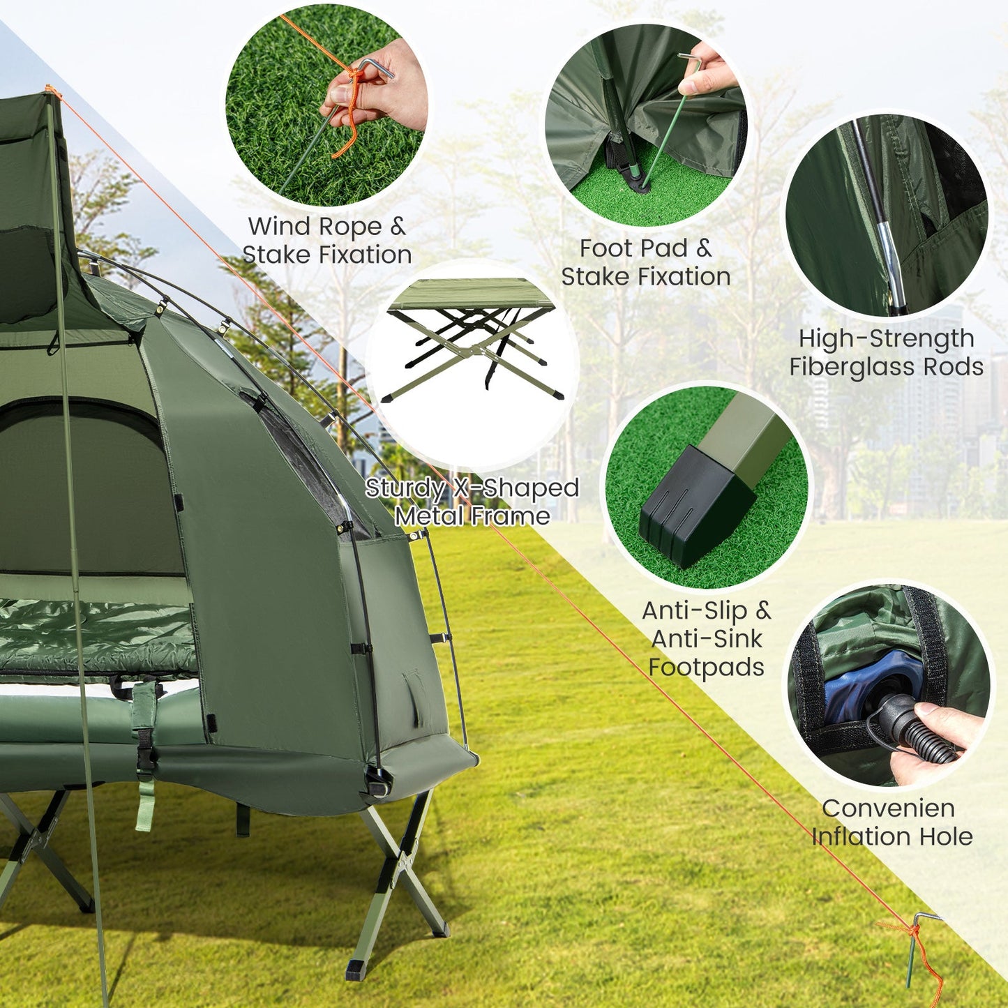 GemGear 1-Person Folding Camping Tent with Sunshade and Air Mattress, X-shaped metal frame on Tampa Home & Garden Store