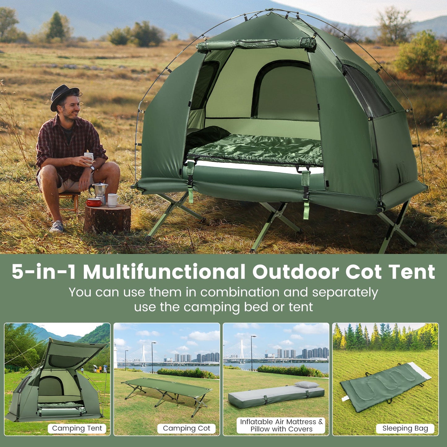 1-Person Folding Camping Tent with Sunshade and Air Mattress in green on cot-frame setup on Tampa Home & Garden Store