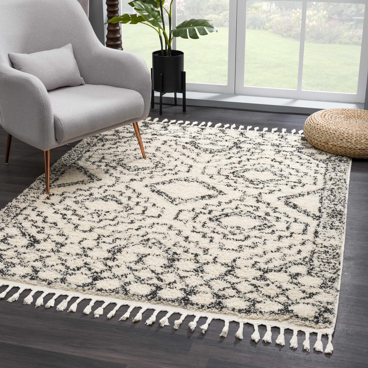 Buan Area Rug beige cream with black lattice pattern and tassel fringe by Boutique Rugs on Tampa Home & Garden Store