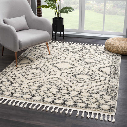 Buan Area Rug beige cream with black lattice pattern and tassel fringe by Boutique Rugs on Tampa Home & Garden Store