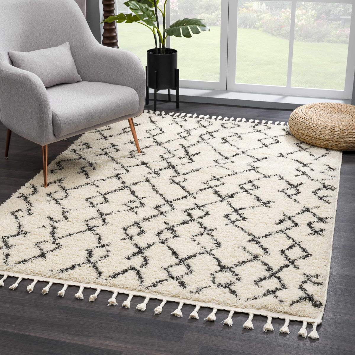 Pahala Moroccan Shag Area Rug by Boutique Rugs, ivory shag with black lattice pattern edge on Tampa Home & Garden Store