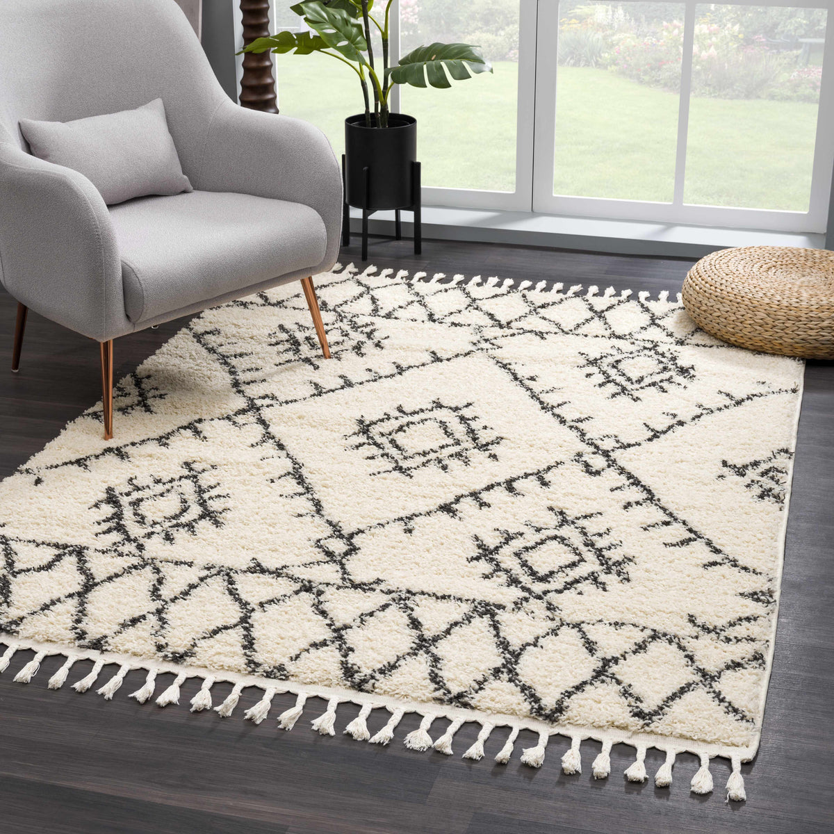 Emlenton Berber Shag Rug with Tassels in ivory cream, geometric black lattice pattern Boutique Rugs on Tampa Home & Garden Store