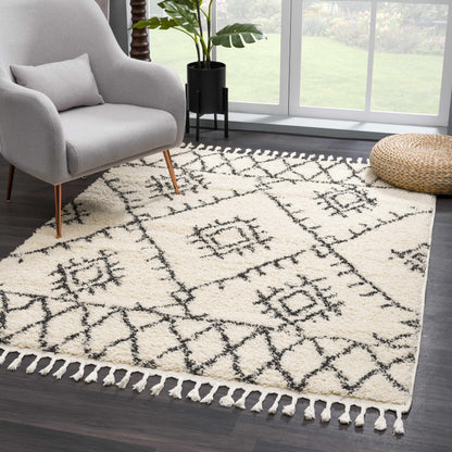 Emlenton Berber Shag Rug with Tassels in ivory cream, geometric black lattice pattern Boutique Rugs on Tampa Home & Garden Store