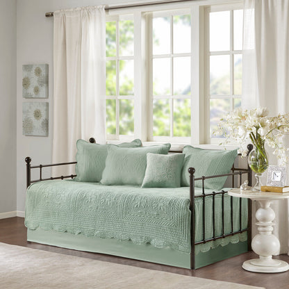Seafoam 6 Piece Reversible Scalloped Daybed Cover Set with quilted pattern on a metal frame on Tampa Home & Garden Store